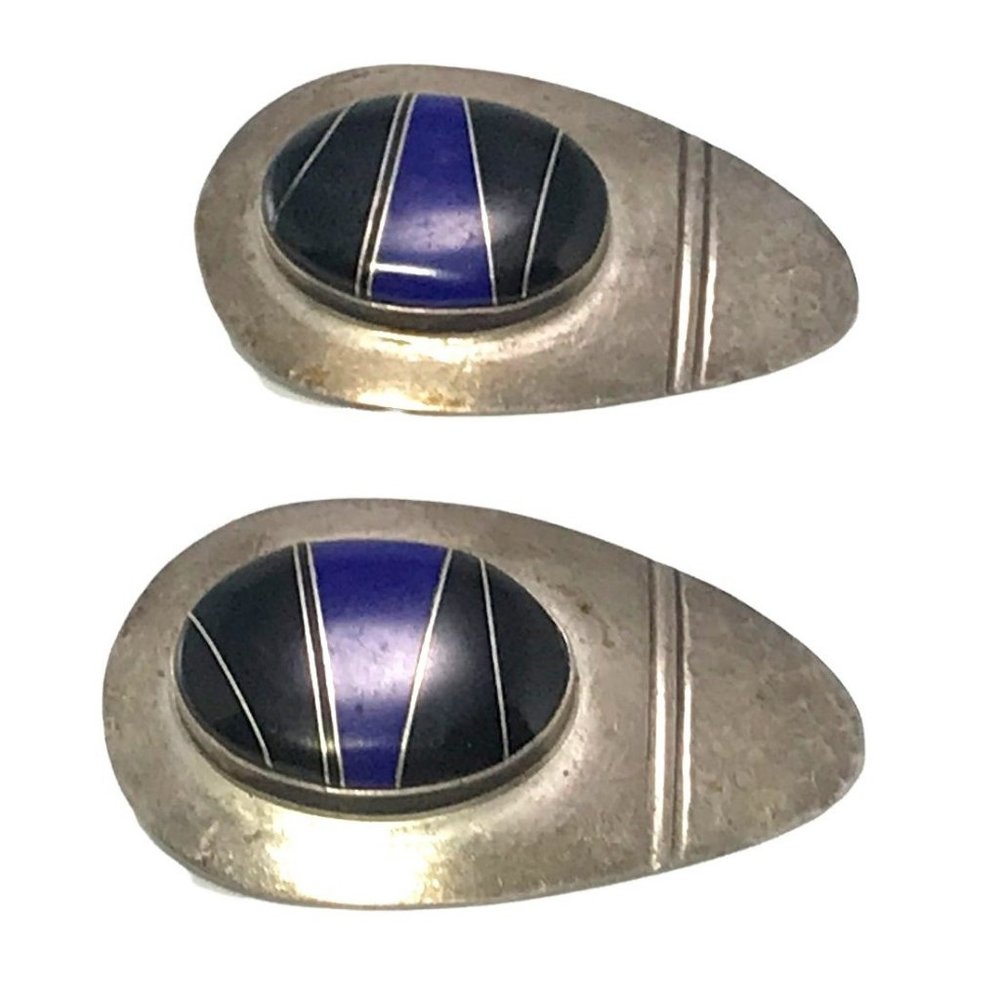 Large Vintage Zuni Sterling Silver Inlay Earrings with Onyx and Lapis Signed FM